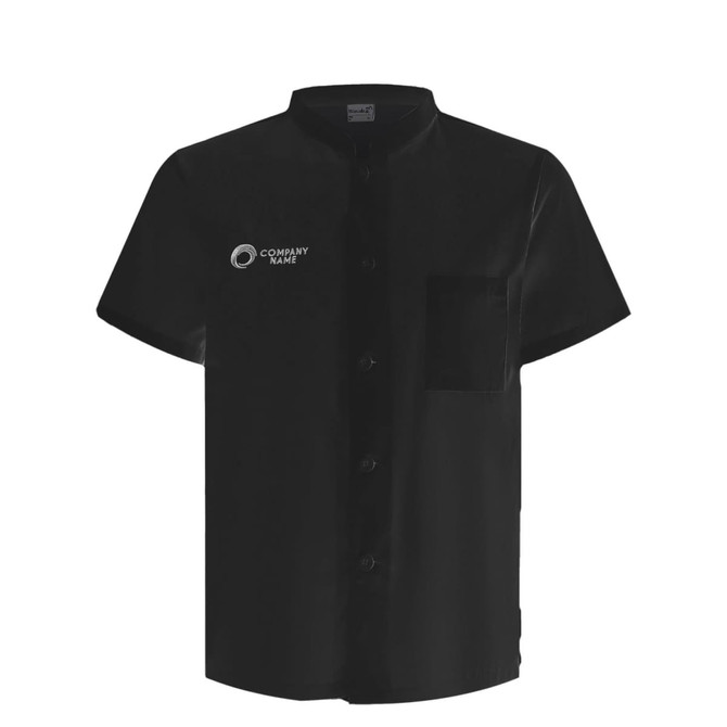 A black short-sleeved chef jacket featuring a single-breasted design and a pocket, with a logo.