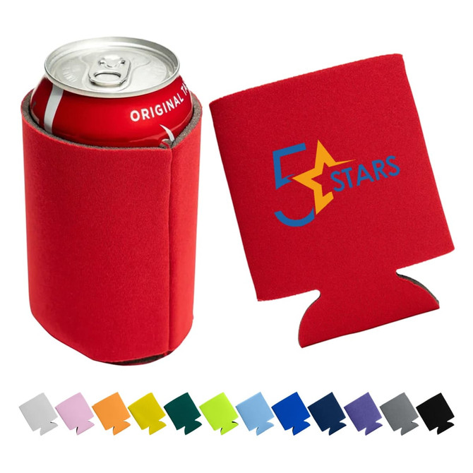 A red foam stubby cooler holding a drink can, with a logo and a range of colours displayed below.