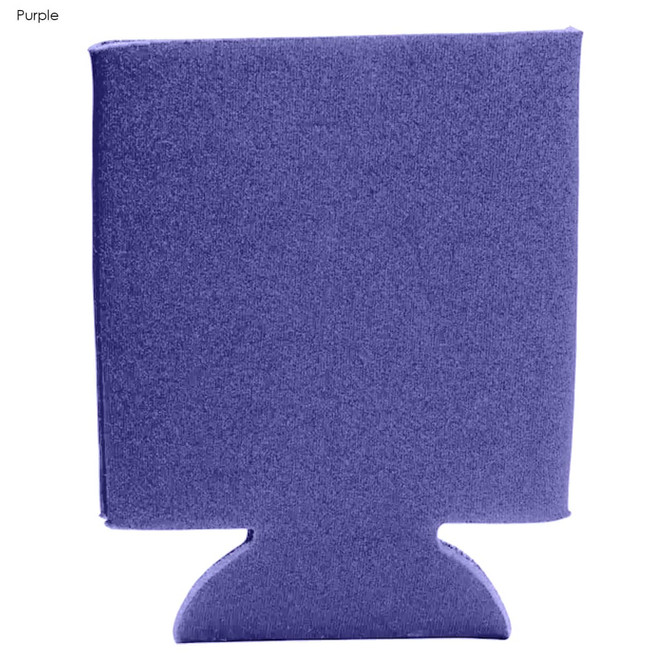 A purple foam stubby cooler with a flat design and a base for holding drinks. It has branding on the surface.