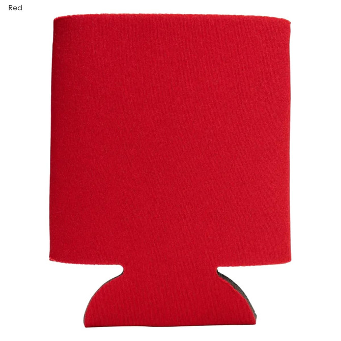 A drink bottle cooler in red, made of foam with a base cutout, featuring a logo.
