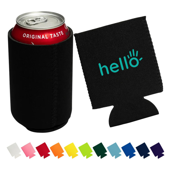 A black neoprene stubby cooler with a can and a matching cooler. Features a logo on the side.