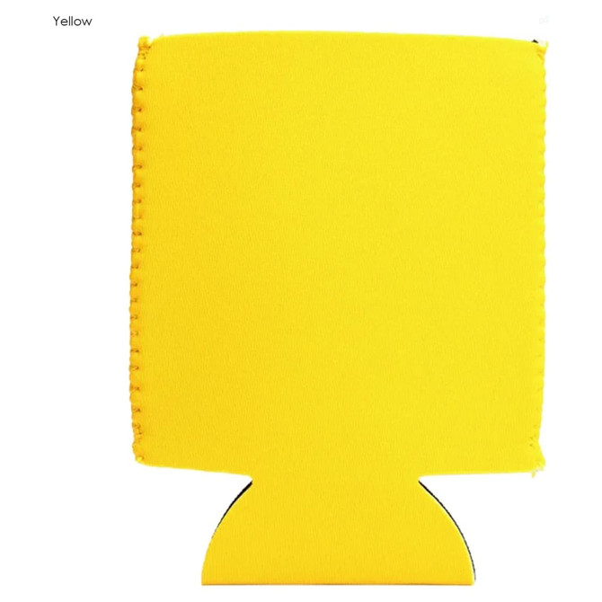A bright yellow neoprene stubby cooler with a design for holding drinks. It features a logo.