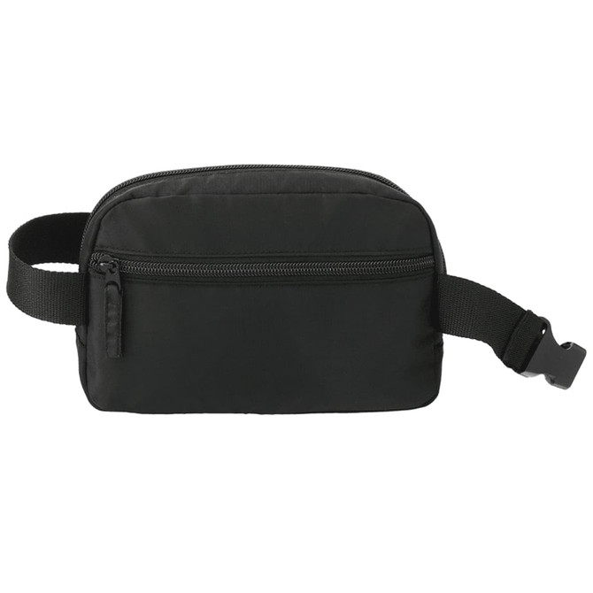 A black recycled sport bum bag with a zippered compartment and an adjustable strap. It features a logo.