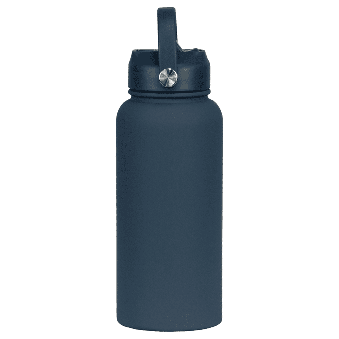 A drink bottle in navy blue with a rubber-coated finish and a metal handle. Features a branded logo.