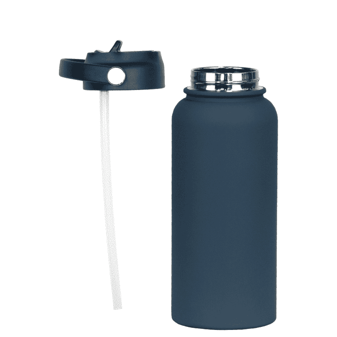 A drink bottle in navy blue with a rubber-coated finish and a silver screw top. It includes a straw attachment.