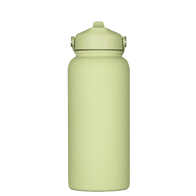 A drink bottle in a soft green colour with a rubber-coated finish and a screw-top lid. It features a brand logo.