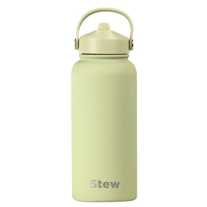 A drink bottle in a muted green colour with a rubber coating and a carrying handle, featuring a logo.