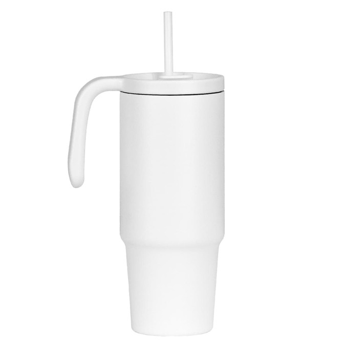 A drink bottle in white with a handle and straw, made from recycled materials, holds 900ml.
