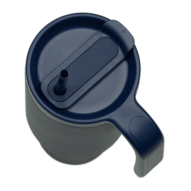A drink bottle in navy blue with a handle and a removable straw, featuring a logo.
