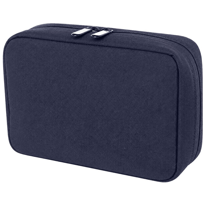 A navy organiser pouch with a zip closure and a simple design, featuring a logo on the front.