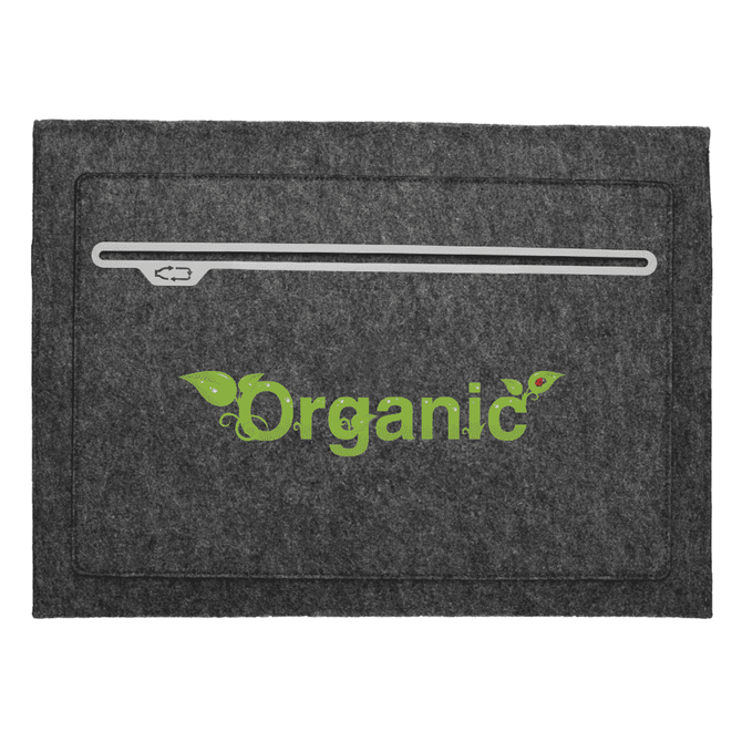 A grey felt laptop sleeve featuring a front pocket and a logo. Suitable for a 15" laptop.