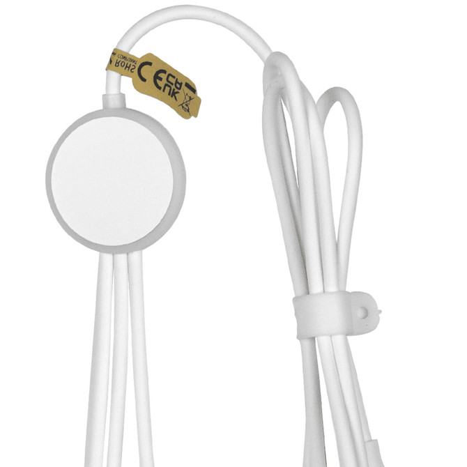 A white 120cm recycled 6-in-1 charging cable with a round connector and a branding logo.