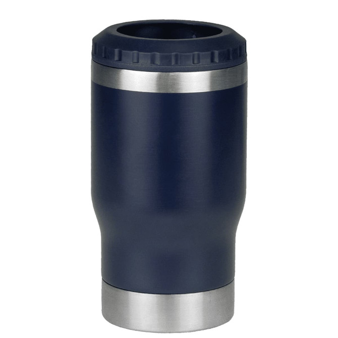 A drink bottle featuring a navy finish with a stainless steel base and a textured top, including a logo.