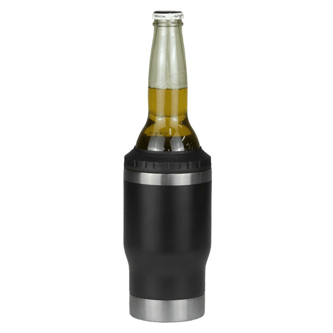 A drink bottle in black with a silver base, designed for holding a standard bottle and featuring a logo.