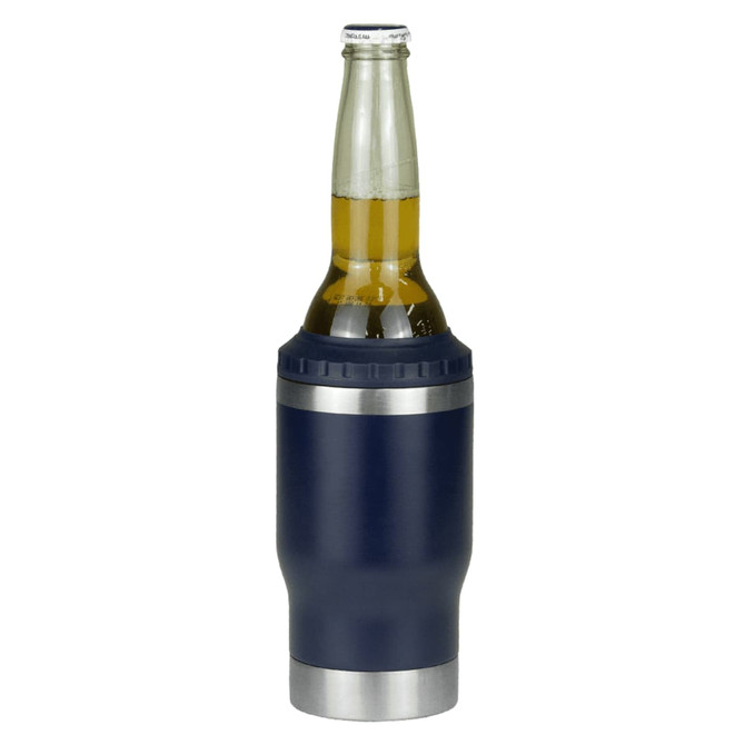 A drink bottle in navy blue with a stainless steel base, designed to hold a beverage bottle securely.
