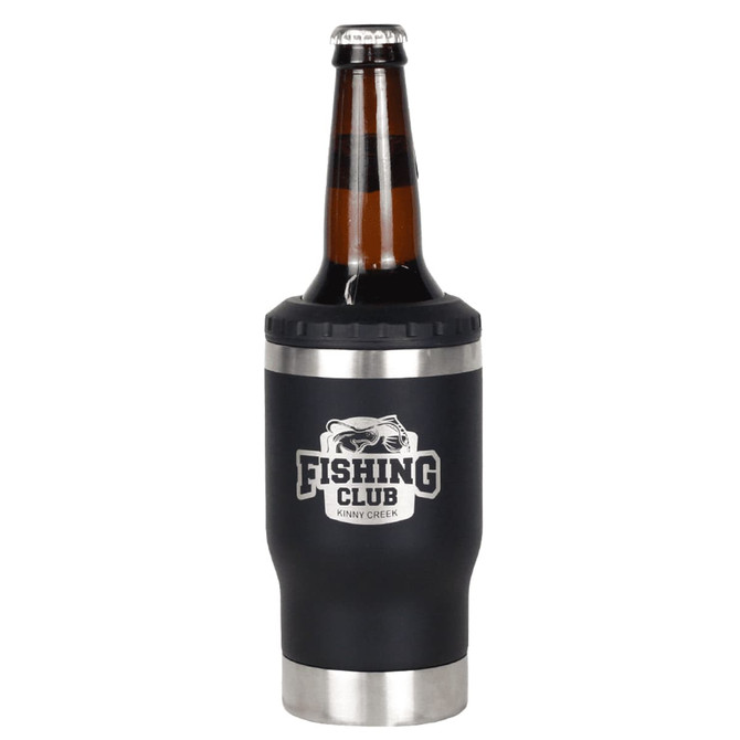 A drink bottle with a black insulated exterior, stainless steel base, and a logo on the front, designed for beverages.