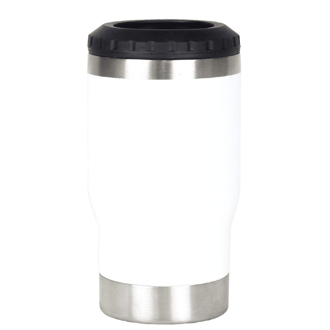 A drink bottle featuring a white body and a black lid, made from stainless steel. It has a logo visible on the surface.