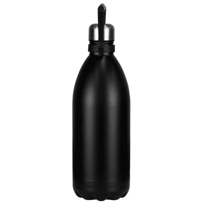 A drink bottle in matte black stainless steel with a silver top and a handle, featuring a logo.