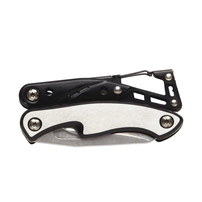 A multi-tool in silver and black, featuring various tools and a folding design, with a logo present.