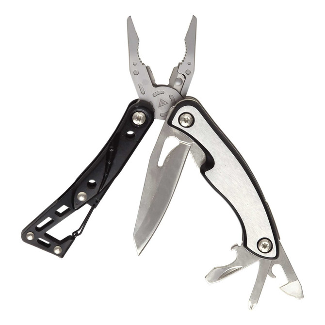 A multi-tool with pliers, a knife blade, and various small tools, featuring a black and silver design and a logo.