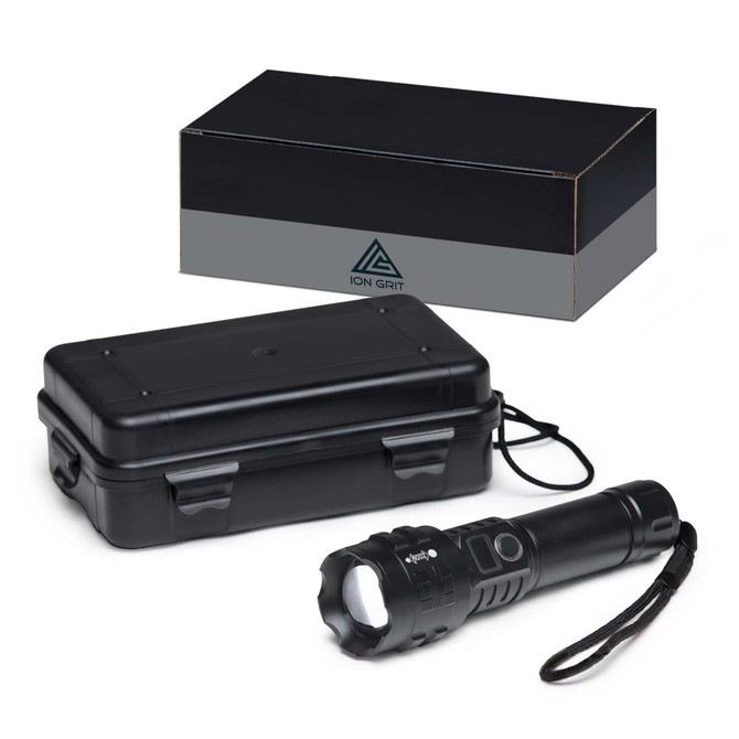 A black torch with a protective case, featuring a logo, set against a plain box background.