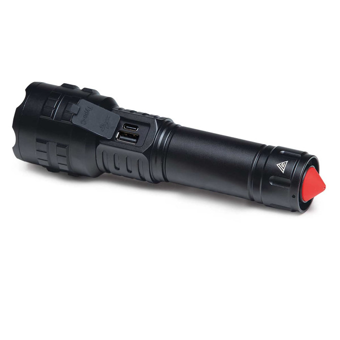 A black torch with a red button and a USB port, featuring a textured grip and a compact design.