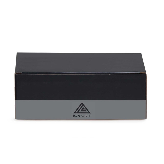 A black box with a grey stripe, featuring a logo on the front.