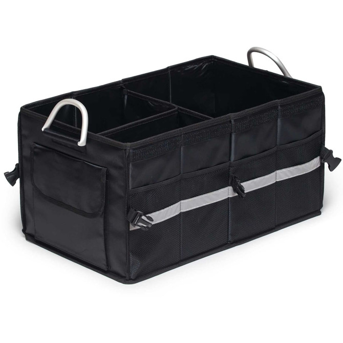 A black organiser with two compartments, several pockets, and rounded handles for easy transport.