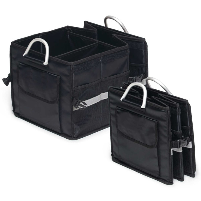 A black organiser with multiple compartments, featuring metallic handles and side pockets for storage.