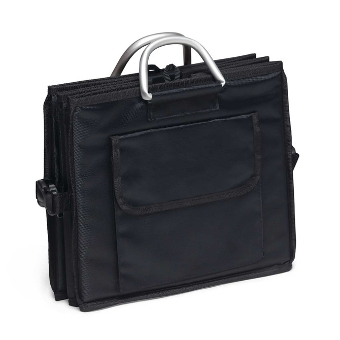 A black fabric boot organiser with a metallic handle, featuring multiple compartments and a front pocket.