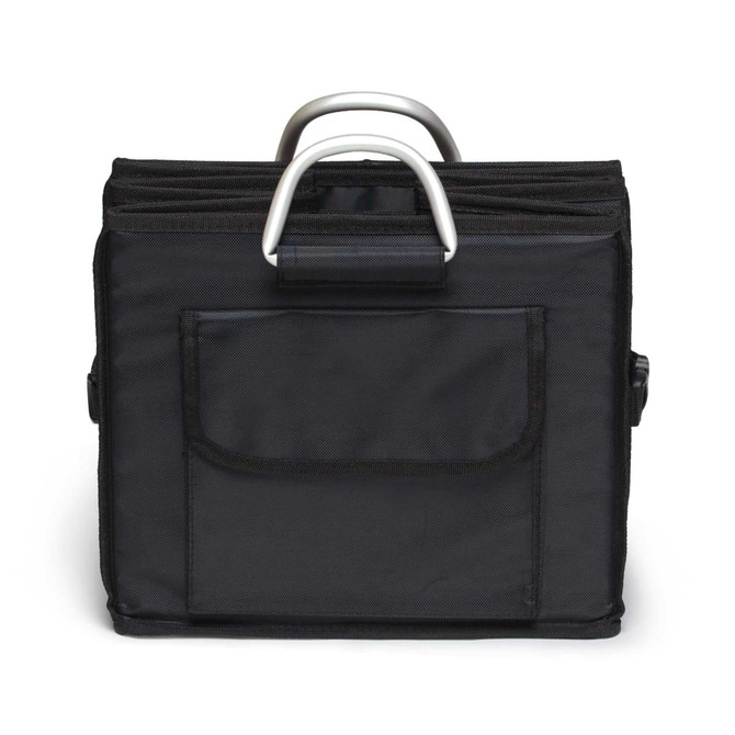 A black boot organiser with a sturdy handle and a front pocket, featuring several compartments for storage.