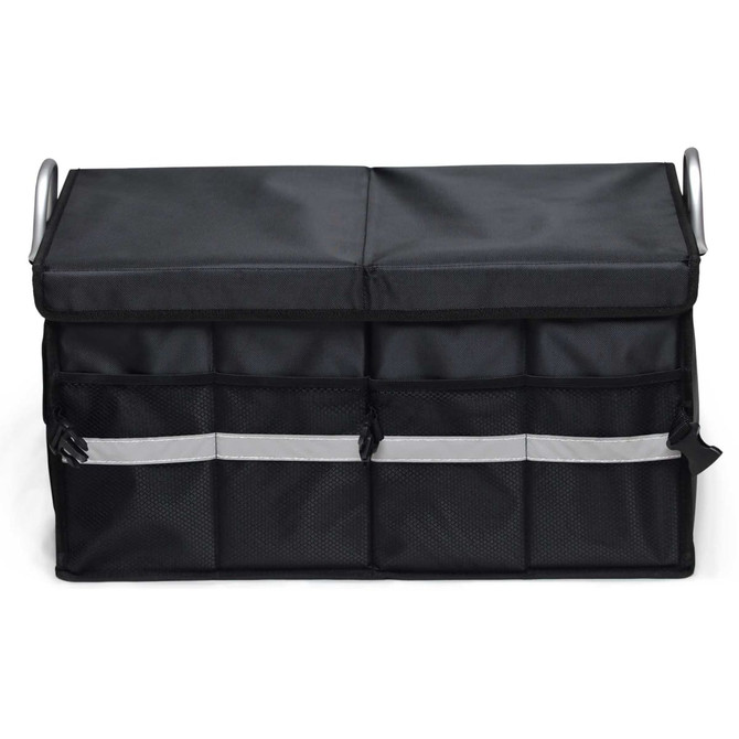 A black storage organiser with a folding lid and several front pockets, featuring silver reflective stripes and handles.
