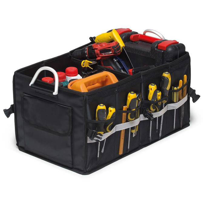 A black organiser with various tools inside, featuring compartments for screwdrivers and other equipment.