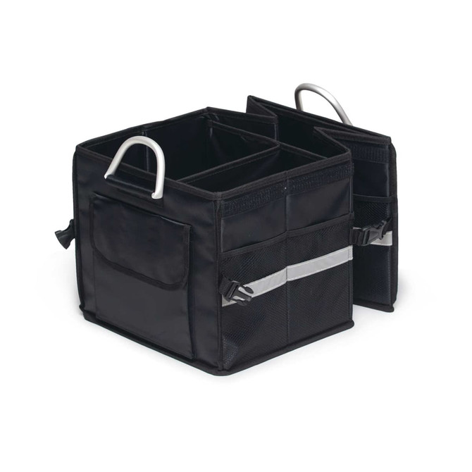 A black boot organiser with two compartments, featuring side pockets and metal handles for easy carrying.