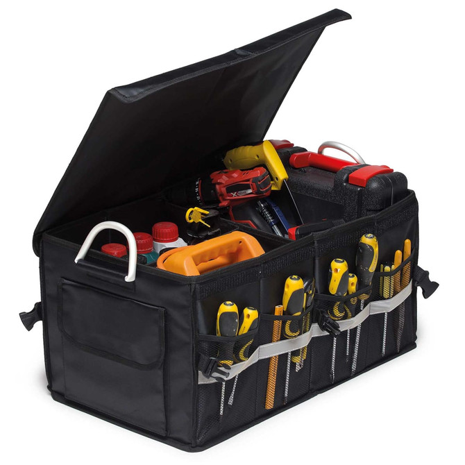 A black boot organiser featuring various tools, drink bottles, and storage compartments. It has multiple external pockets.