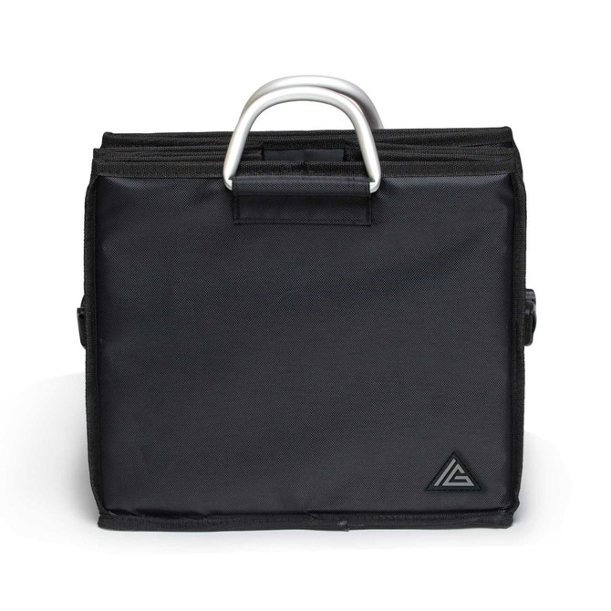 A black boot organiser featuring a silver handle and a logo, designed for storing footwear.