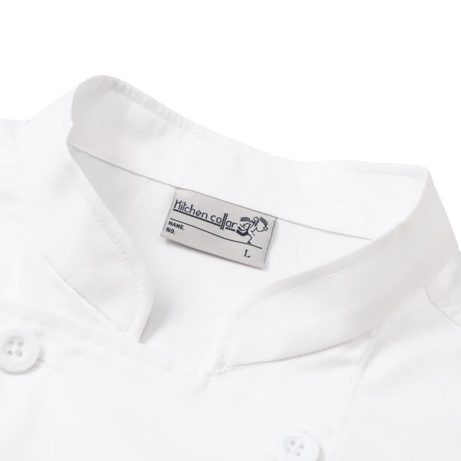 A white double-breasted chef jacket featuring a collar and button details, with a logo on the tag.