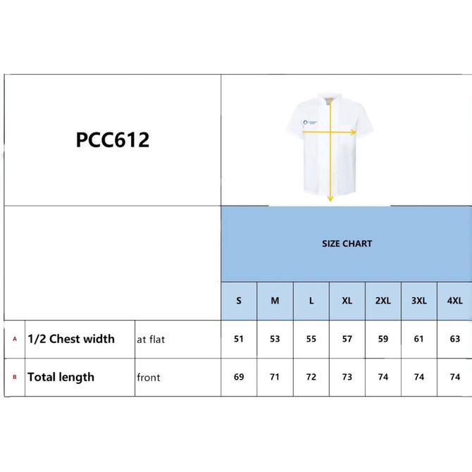 A size chart for a white double-breasted chef jacket, detailing measurements for various sizes.