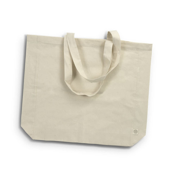 A beige recycled cotton tote bag with two handles and a small logo on one side.