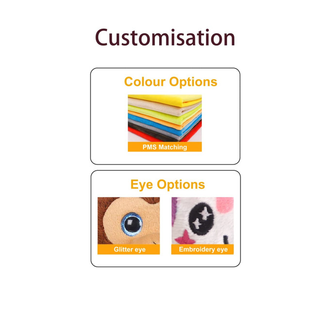A selection of fabric colour options and eye designs for custom plush toys, featuring vibrant hues and unique eye styles.