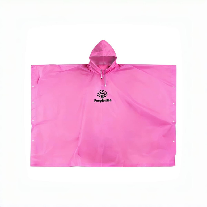 A pink reusable PEVA screen print rain poncho featuring a hood and snap closures, with a logo in the centre.