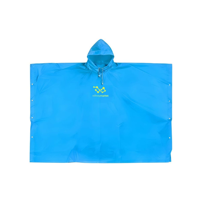 A blue reusable PEVA rain poncho with a hood and an attached logo, featuring snap closures along the sides.