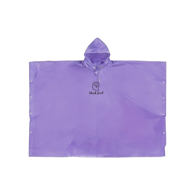 A purple reusable PEVA rain poncho with a hood and a logo on the front. Ideal for wet weather protection.