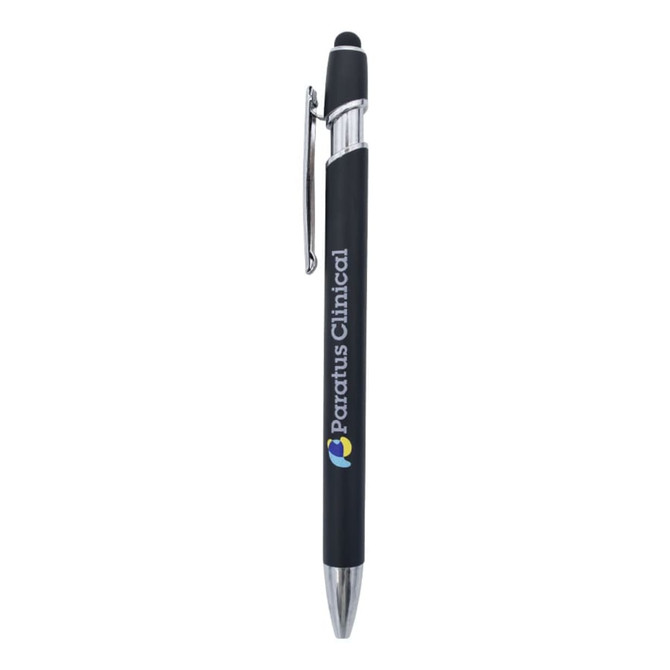 A black metal pen with a silver clip, featuring a branding logo on the barrel.