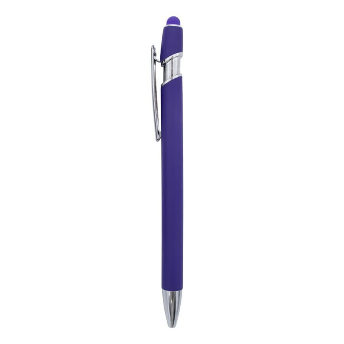 A purple metal pen with a chrome clip and a stylus tip. It has a sleek, smooth design.