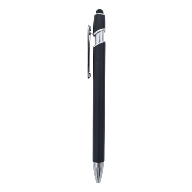A black metal pen featuring a chrome clip and trim, with a stylus tip at the top. It includes a logo.