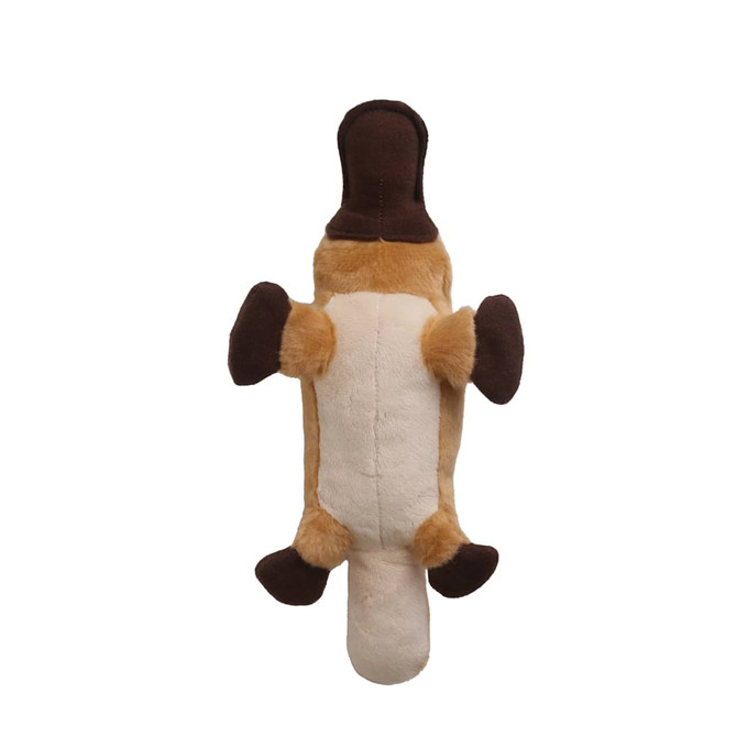 A brown and beige plush toy shaped like a platypus, featuring a soft body and flippered limbs.