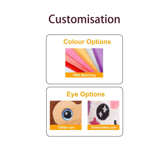 A selection of colour options and eye styles for custom plush toys, featuring various fabric swatches and eye designs.