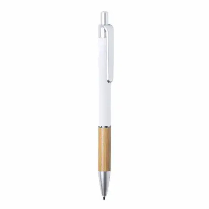A white pen with a wooden lower section and a silver clip, featuring a branding logo.