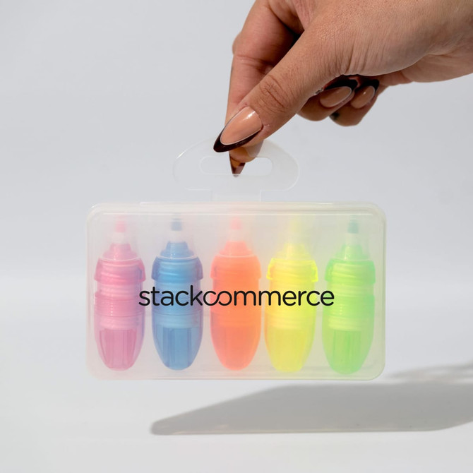 A set of five highlighters in pink, orange, blue, green, and yellow, contained in a transparent plastic case with a handle.